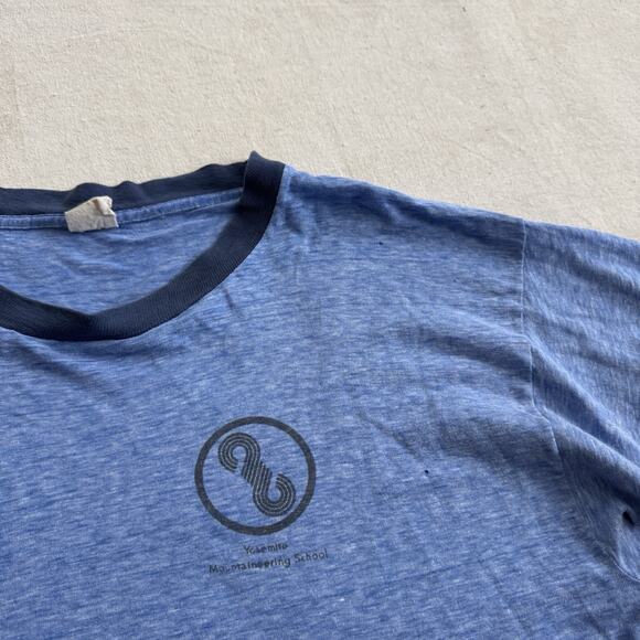 Vintage 70s Go Climb A Rock Ringer Shirt XL Yosemite Mountaineering Mayo Spruce - Picture 8 of 9